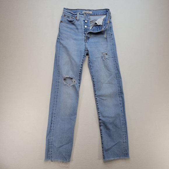 Levis Jeans Womens 24 Blue Wedgie Straight Button Fly High Rise Distressed Denim - Picture 1 of 12